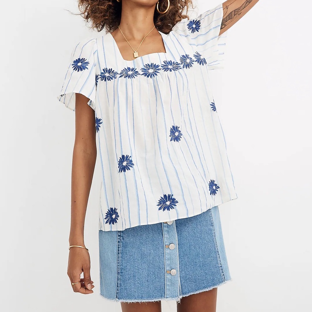 Madewell Floral Embroidered Butterfly Top in Stripe, size XXS